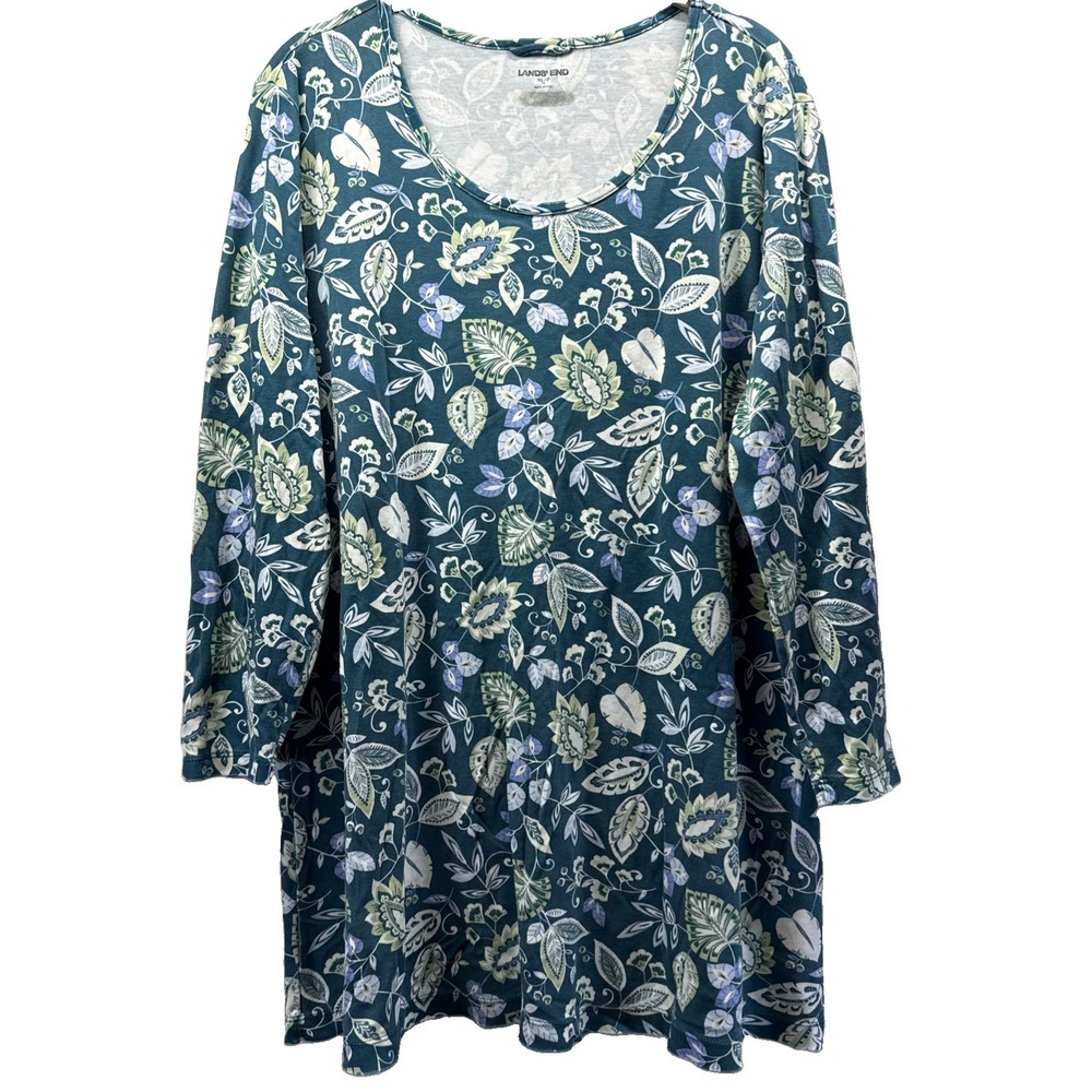 Lands End Women's Top Size XL Petite Green Blue Paisley 3/4 Sleeves Pullover